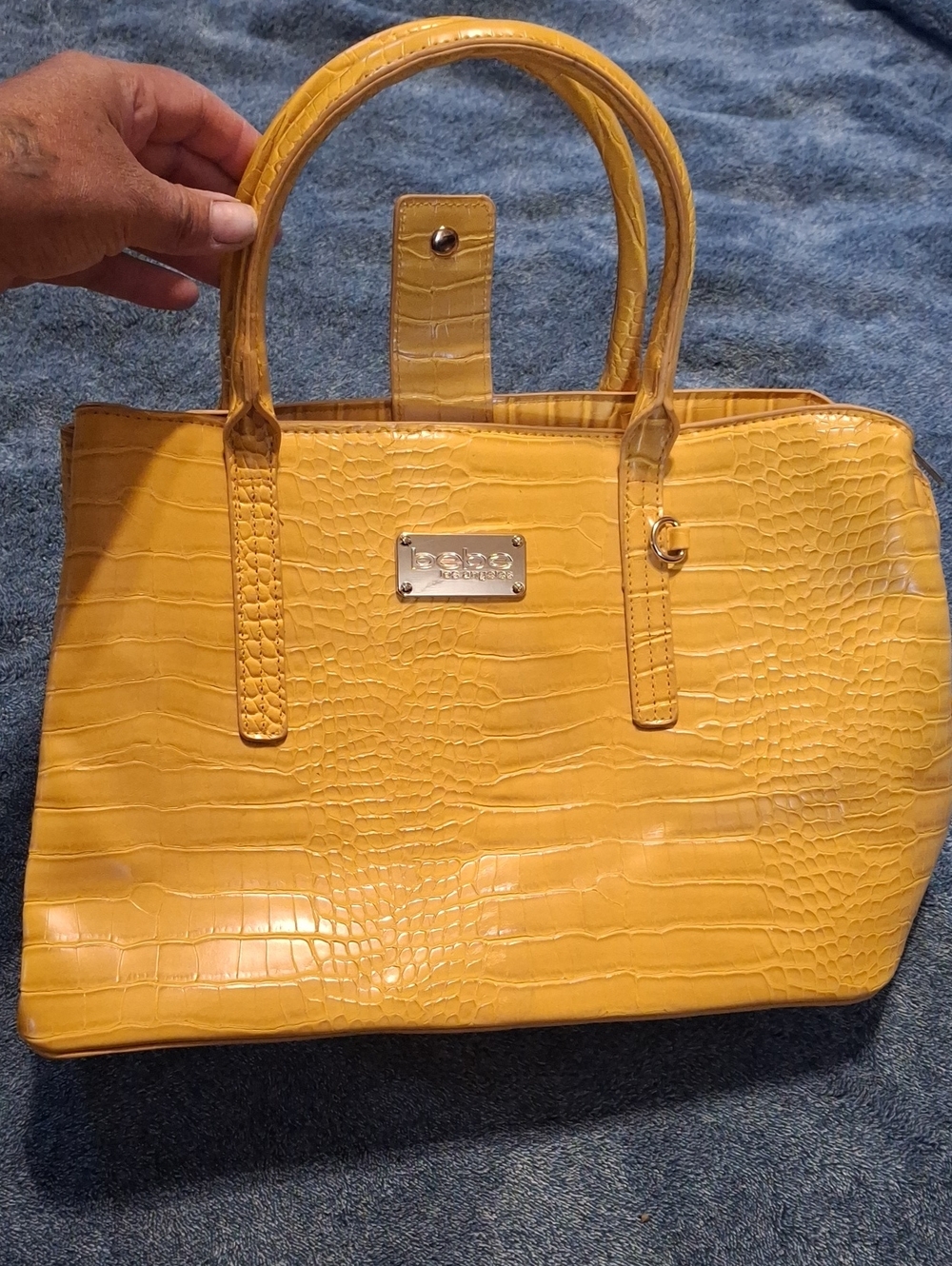 bebe Yellow Croc-Embossed Satchel Tote